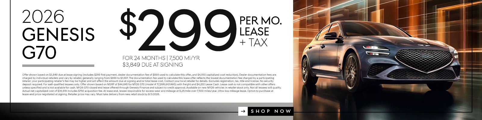 2026 G70 Lease for $299 | 24 Months | $3,849 7,500 mi/yr ($4