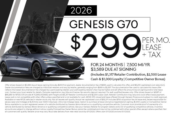 2026 G70 $299 per month for 24 months